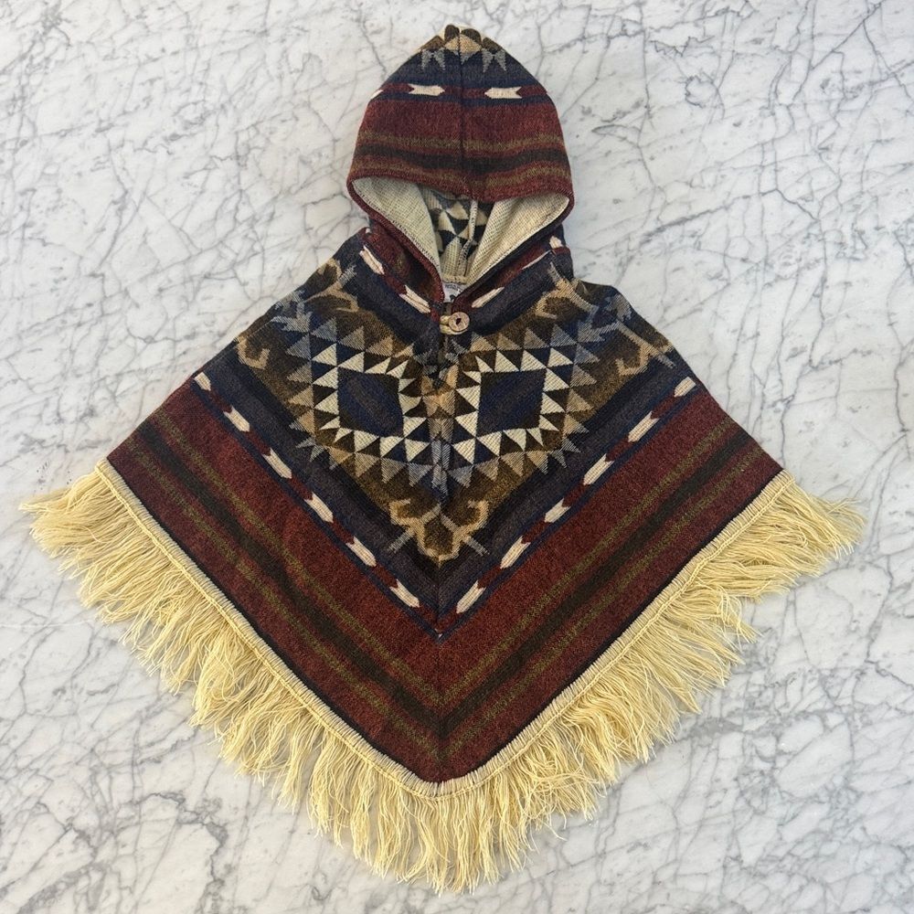 Kids Poncho Sz 4-6Y Geometric Patterned Hooded Poncho Fringe Tejidos Mary